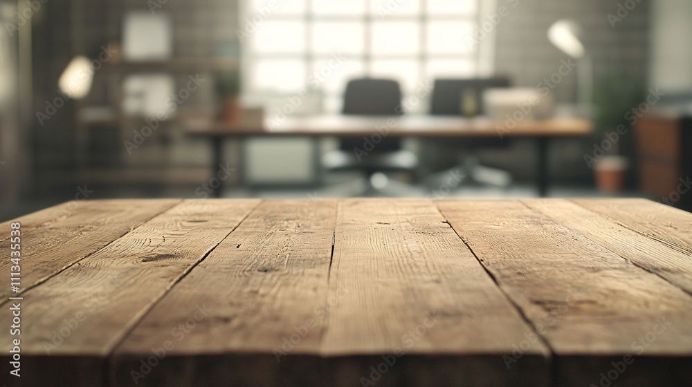 An empty rustic wooden table with visible knots and rich earthy tones anchors the foreground. The background, slightly out of focus, reveals an office with minimalistic decor, featuring clean desks, An empty rustic wooden table with visible knots and rich earthy tones anchors the foreground. The background, slightly out of focus, reveals an office with minimalistic decor, featuring clean desks,