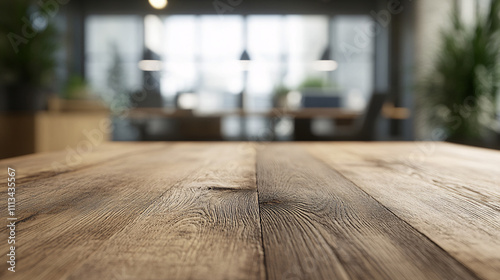 An empty rustic wooden table with visible knots and rich earthy tones anchors the foreground. The background, slightly out of focus, reveals an office with minimalistic decor, featuring clean desks, photo