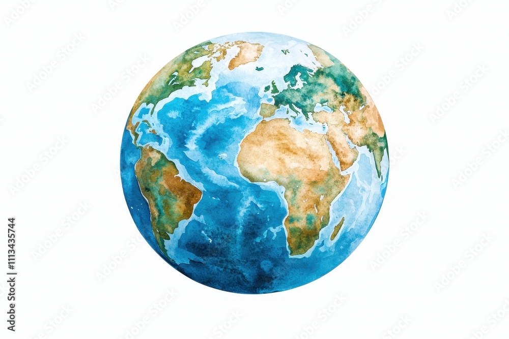 Watercolor Globe with Soft Blue Oceans and Green Landmasses Watercolor Globe with Soft Blue Oceans and Green Landmasses