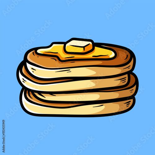 stack of pancakes with butter isolated colored drawing line art style sketch classic vintage design illustration