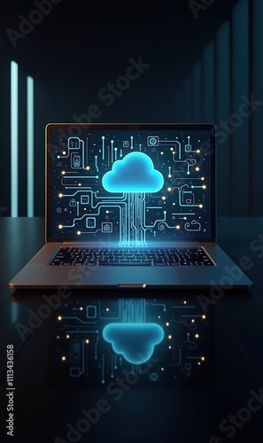 A modern laptop displays a glowing cloud symbol, representing cloud computing and digital innovation in technology and business.