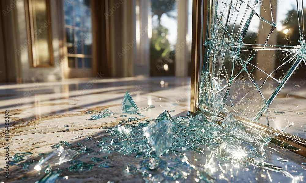 A close-up of shattered glass on a polished surface, reflecting light in an elegant interior space.