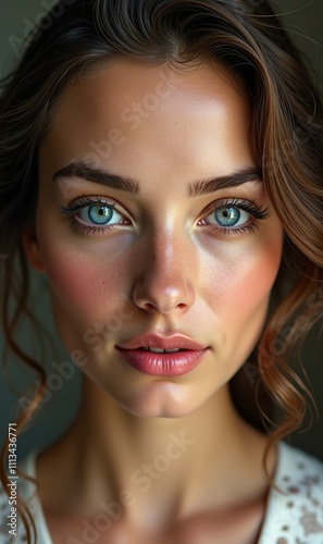 A captivating portrait of a young woman with stunning blue eyes and soft makeup, perfect for beauty, fashion, or wellness projects.