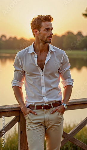 A stylish man leans casually on a wooden railing at sunset, wearing a white shirt, beige pants, and a brown belt, exuding charm and confidence. photo