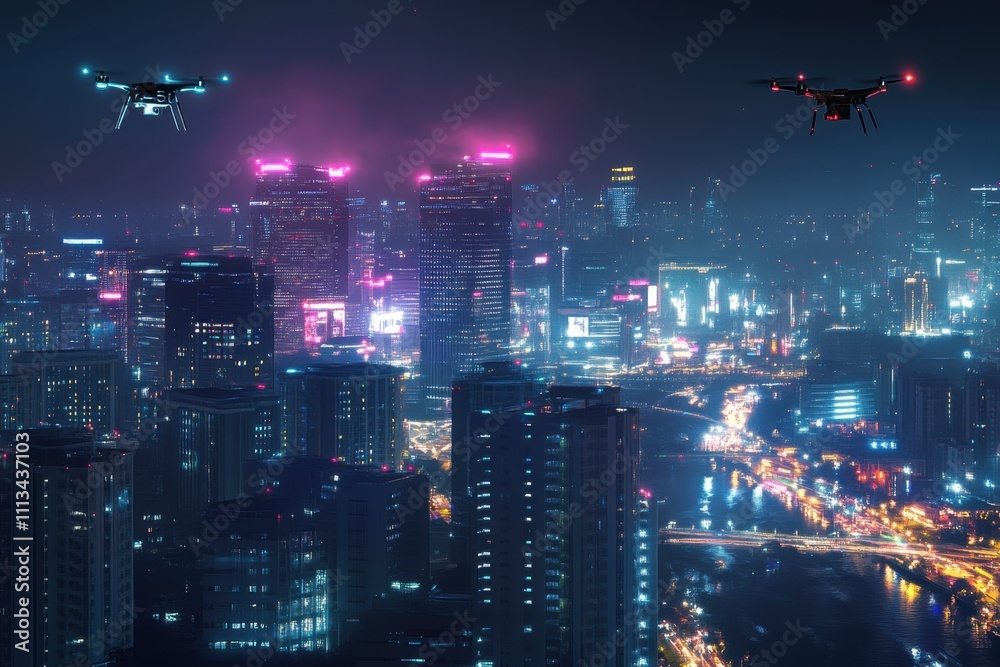 Industrial drones surveying a futuristic smart city skyline at night ...