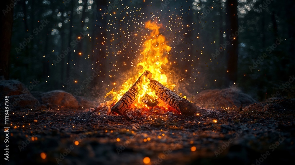Cozy Campfire Glowing in Starry Forest Clearing at Dusk Cozy Campfire Glowing in Starry Forest Clearing at Dusk