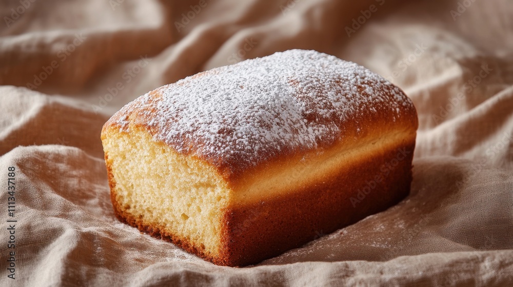 Delicious homemade pound cake with powdered sugar on linen background Delicious homemade pound cake with powdered sugar on linen background