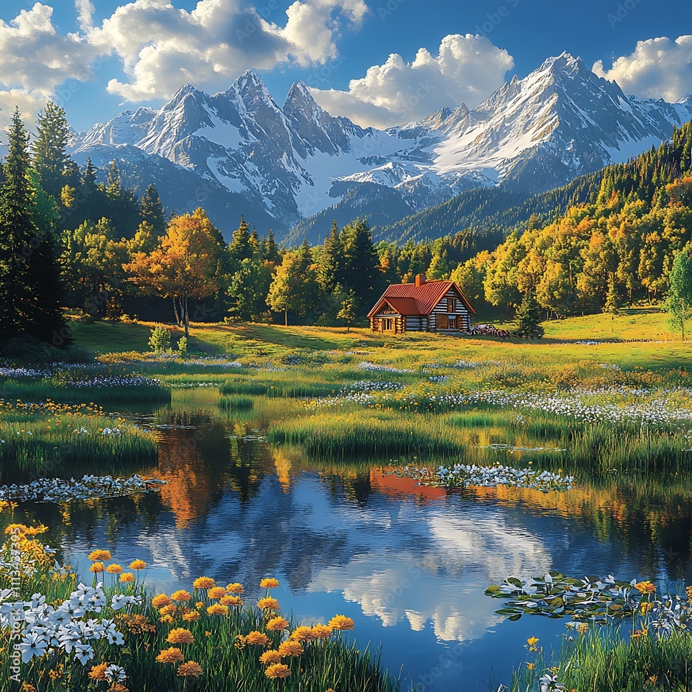 Fototapeta premium Cozy cabin perched beside river with dramatic snowy mountain views picture