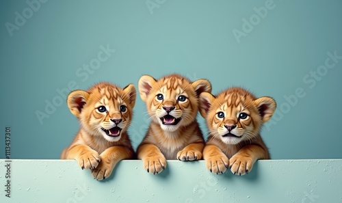 Three adorable lion cubs peek over a ledge against a soft blue background, radiating joy and curiosity, perfect for animal-themed projects or children's content. photo