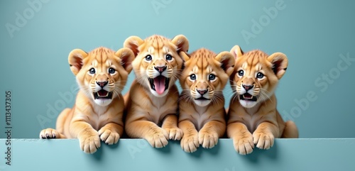 Adorable lion cubs creating a whimsical scene, perfect for wildlife-themed projects, family-oriented campaigns, or children's educational materials. photo