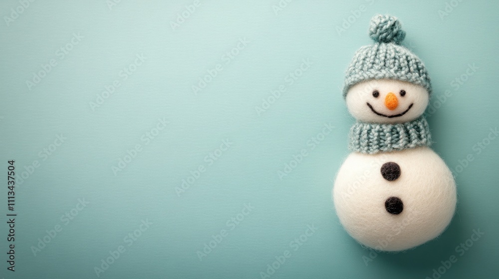 Cute woolen snowman figurine on blue background for winter decoration and holiday crafts Cute woolen snowman figurine on blue background for winter decoration and holiday crafts
