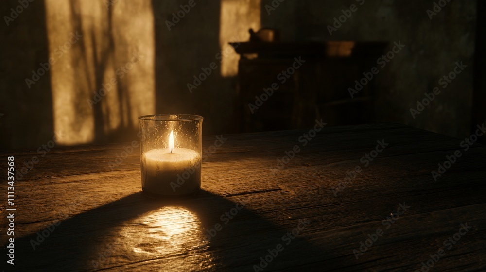 Warm candlelight illuminates a rustic wooden table in a dimly lit room. Warm candlelight illuminates a rustic wooden table in a dimly lit room.