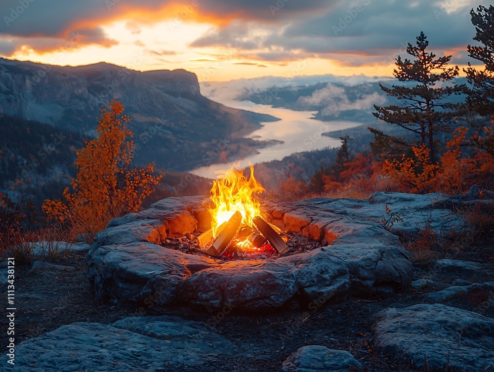 Naklejka premium Glowing Campfire Atop Rocky Outcrop Overlooking Vast Mountain Valley
