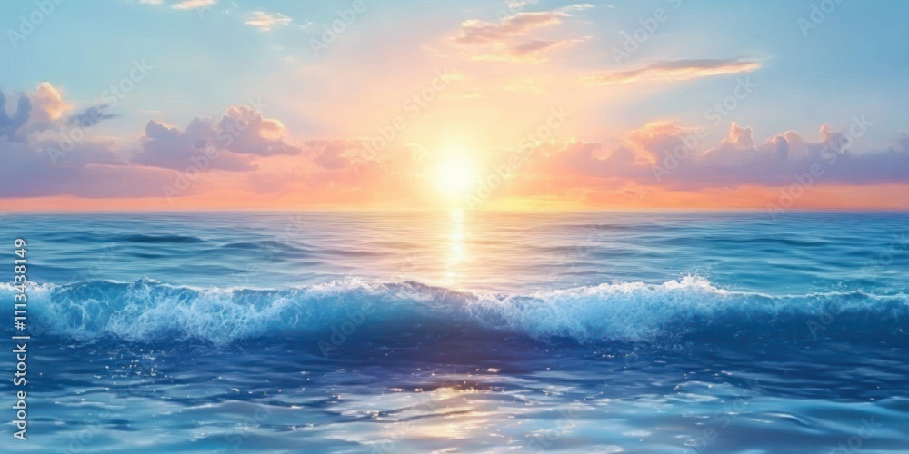 Naklejka premium Sunrise Ocean View Soft Pastel Colors Calm Reflection Impressionist Landscape