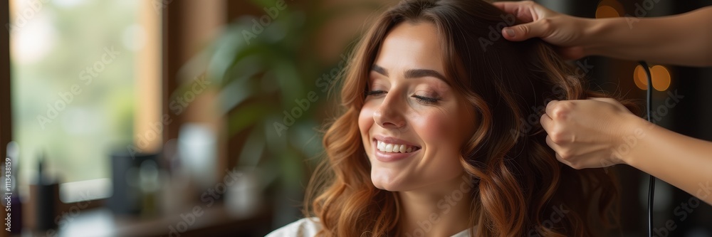 A joyful woman receiving a hair styling treatment, showcasing the artistry and care involved in salon services. A joyful woman receiving a hair styling treatment, showcasing the artistry and care involved in salon services.
