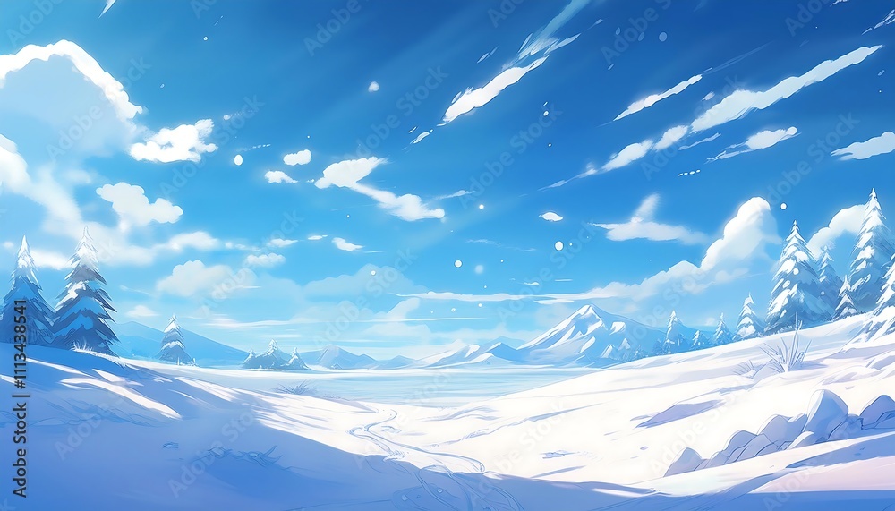 Fototapeta premium A snowy landscape with a clear blue sky background