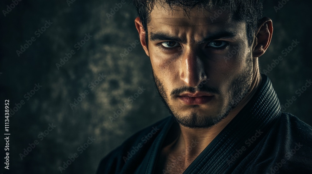 A focused martial artist stares intensely into the distance, showcasing determination and strength during training in a dimly lit studio. The atmosphere highlights his dedication to the craft. A focused martial artist stares intensely into the distance, showcasing determination and strength during training in a dimly lit studio. The atmosphere highlights his dedication to the craft.