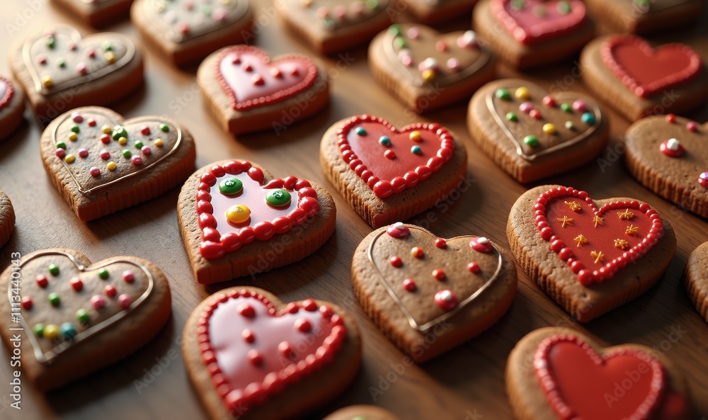 A delightful arrangement of heart-shaped cookies decorated with colorful icing and sprinkles, perfect for celebrating love and special occasions. A delightful arrangement of heart-shaped cookies decorated with colorful icing and sprinkles, perfect for celebrating love and special occasions.