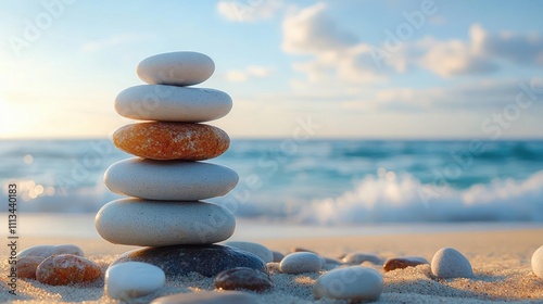 Stacked Pebbles on Sandy Beach at Golden Hour Relaxing Coastal Landscape
