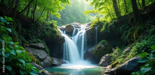 A serene waterfall cascading through lush greenery, creating a tranquil atmosphere, ideal for nature-themed projects, wellness, and environmental initiatives.