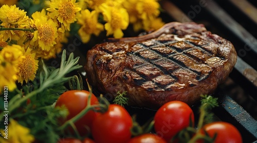 Grilled Steak With Tomatoes And Yellow Flowers photo