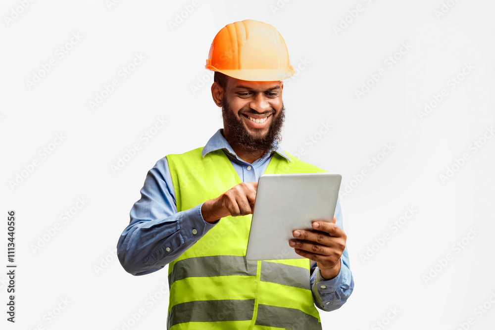 Architect Using Digital Tablet Working On Construction Site Checking Building Project Standing On White Studio Background. Architect Using Digital Tablet Working On Construction Site Checking Building Project Standing On White Studio Background.