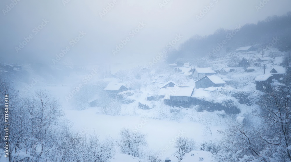 Snowy Village Houses Hidden In Winter Fog Snowy Village Houses Hidden In Winter Fog