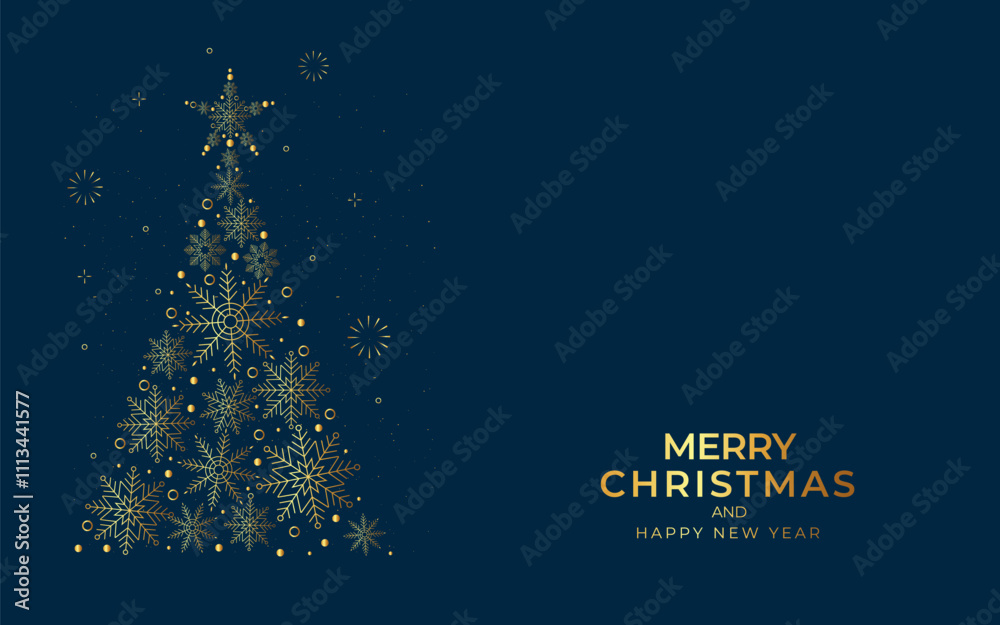 Merry christmas modern luxury greeting card banner design with gold christmas tree and snowflakes art decoration Merry christmas modern luxury greeting card banner design with gold christmas tree and snowflakes art decoration