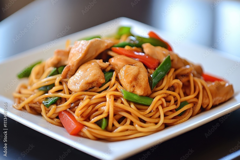 Delicious chicken and noodles stir-fry. Perfect for illustrating Asian cuisine, food blogs, or restaurant menus. Delicious chicken and noodles stir-fry. Perfect for illustrating Asian cuisine, food blogs, or restaurant menus.