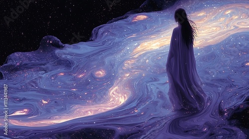 Woman in flowing robe walks on cosmic path.