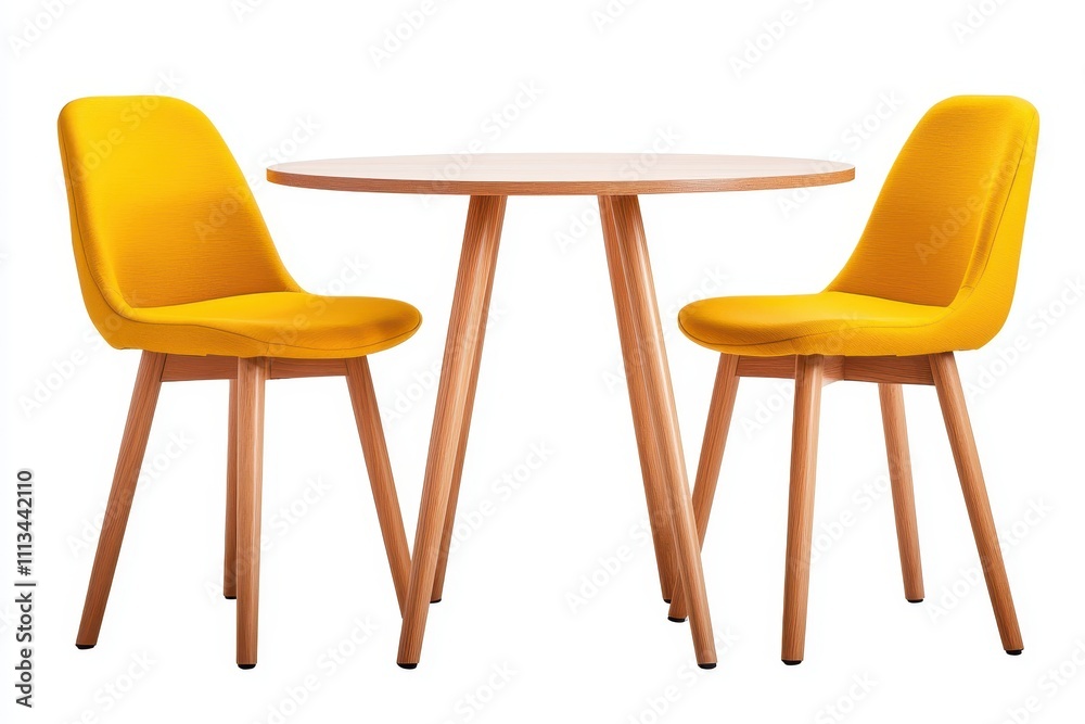 Mid Century Modern Round Wooden Dining Table with Yellow Chairs Mid Century Modern Round Wooden Dining Table with Yellow Chairs