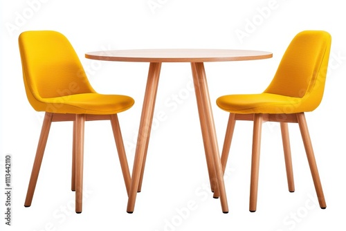 Mid Century Modern Round Wooden Dining Table with Yellow Chairs