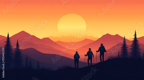 Adventurous Journey of a Couple Hiking Up a Mountain at Sunset with a Breathtaking View of Nature's Beauty and the Distant Horizon