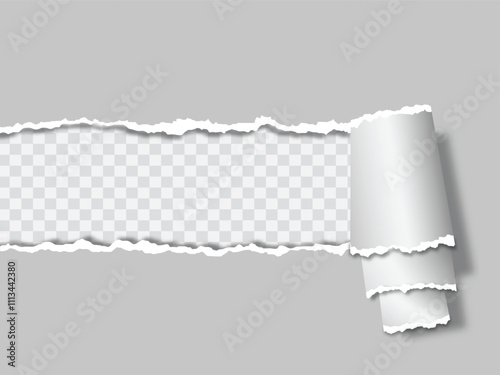 Realistic torn paper sheets with holes and rolled edges isolated on grey background. ripped paper horizontal banner design decoration