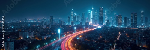 Night cityscape featuring illuminated skyscrapers and vibrant traffic trails, perfect for urban planning, real estate, or technology themes. photo