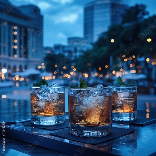 Three glasses of amber liquid with ice and mint garnishes on a tray outdoors in the evening with city lights in the background. photo