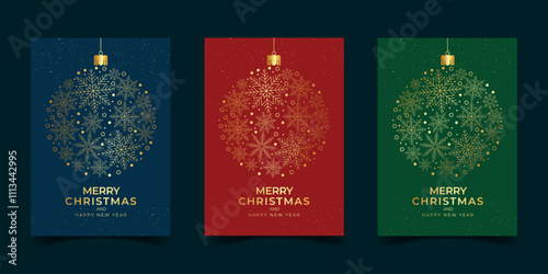 Set of christmas gold greeting cards with golden christmas snowball with snowflakes ornament art decoration