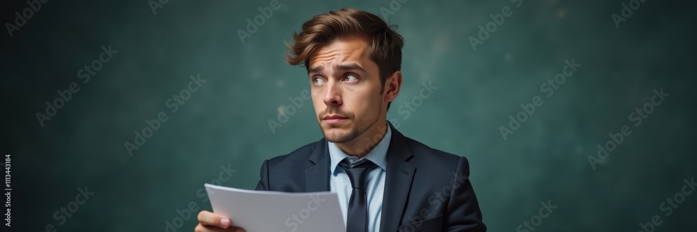 A concerned businessman in formal attire reviews a document, conveying emotions of uncertainty and contemplation, ideal for professional and corporate contexts. A concerned businessman in formal attire reviews a document, conveying emotions of uncertainty and contemplation, ideal for professional and corporate contexts.