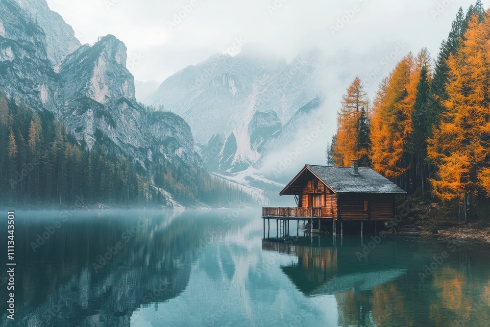 Fototapeta premium Wooden cabin on tranquil lake, surrounded by majestic mountains and autumn trees. Perfect for travel, nature, and serenity themes; evokes peace and escape.