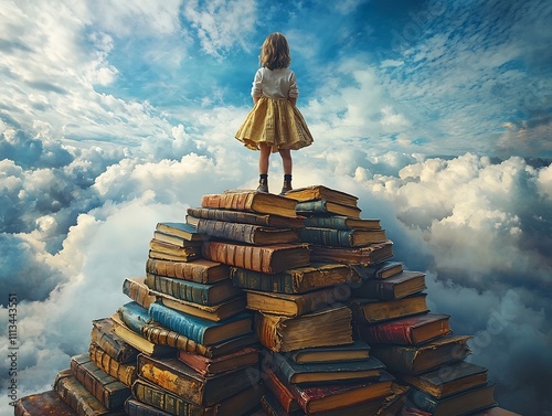 Child Standing Atop Books Gazing Toward Bright Horizon Embodying Education s Foundation for Leadership photo