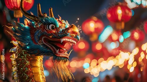 Vibrant Dragon Lanterns in a Festive Atmosphere during Chinese New Year Celebration