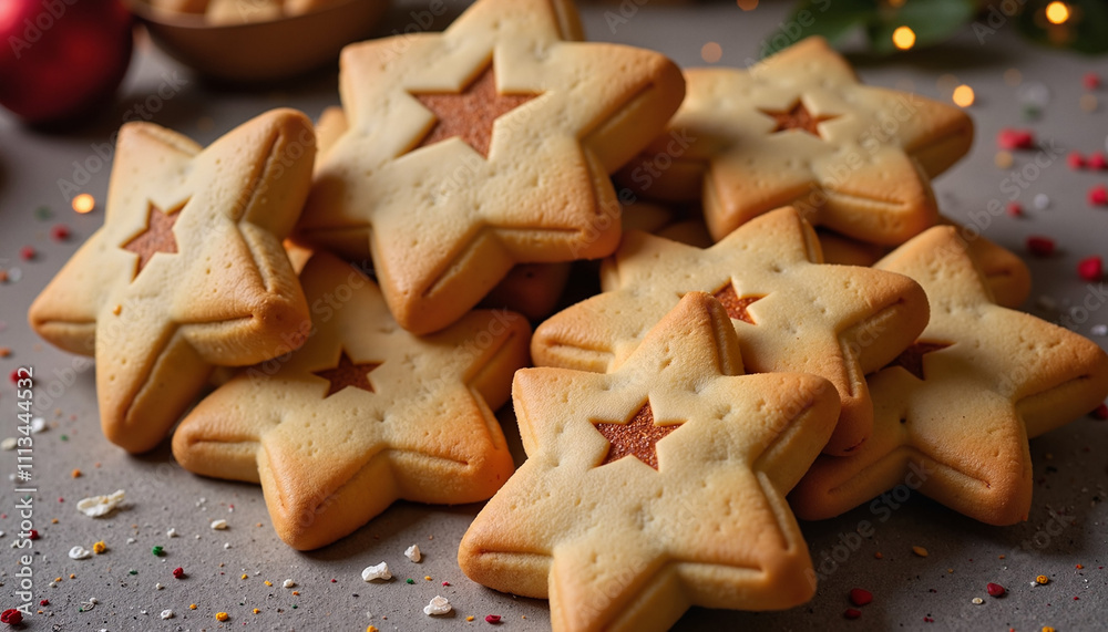 Stack of star-shaped cookies filled with jam on a festive table with holiday decorations, Epiphany, January 6th Stack of star-shaped cookies filled with jam on a festive table with holiday decorations, Epiphany, January 6th