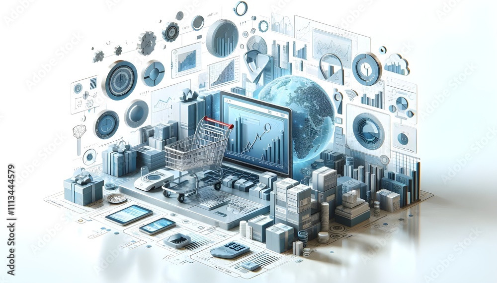 3D rendering of online shopping and data analysis elements on white background. Concept of technology, commerce, and analytics 3D rendering of online shopping and data analysis elements on white background. Concept of technology, commerce, and analytics