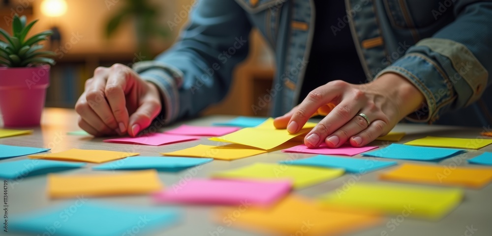 Hands arranging colorful sticky notes on a desk, symbolizing brainstorming, organization, and creativity in a collaborative workspace. Hands arranging colorful sticky notes on a desk, symbolizing brainstorming, organization, and creativity in a collaborative workspace.