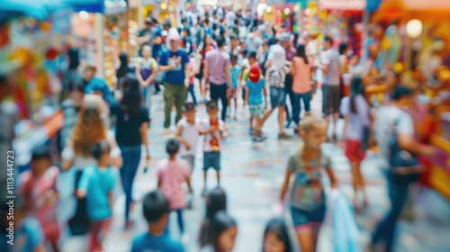 Defocused crowds of children and parents exploring different booths at the school fair.