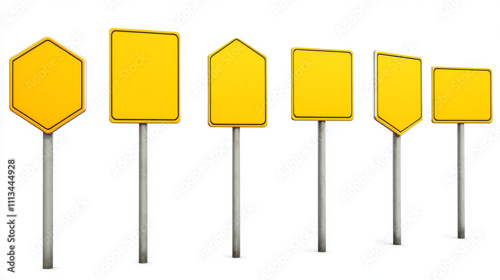 Highway yellow road signs, blank signage boards on steel poles pointing city traffic direction, empty round, rectangular, hexagon panels isolated on white background, Realistic 3d vector illustration Highway yellow road signs, blank signage boards on steel poles pointing city traffic direction, empty round, rectangular, hexagon panels isolated on white background, Realistic 3d vector illustration