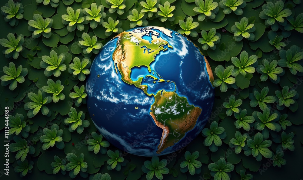 A vibrant, colorful depiction of Earth surrounded by lush green leaves, symbolizing environmental awareness and sustainability. A vibrant, colorful depiction of Earth surrounded by lush green leaves, symbolizing environmental awareness and sustainability.