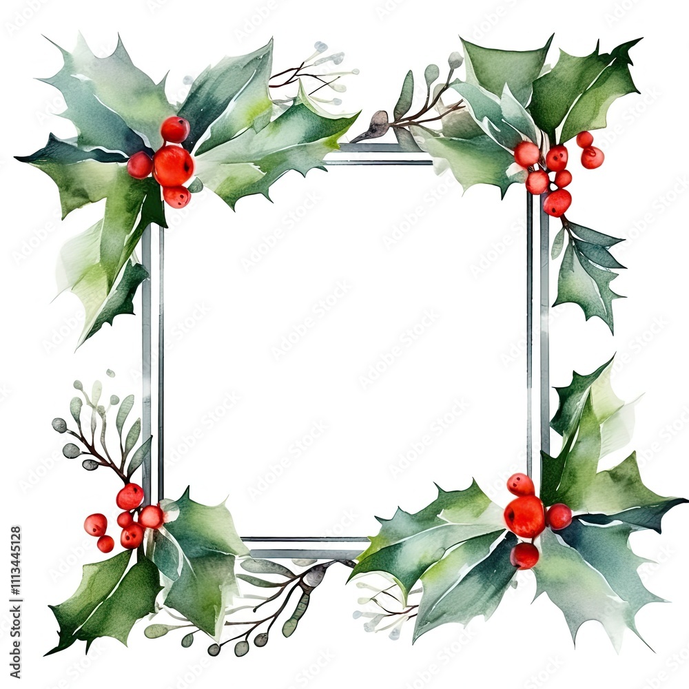 Fototapeta premium Watercolor Holly Frame with Red Berries