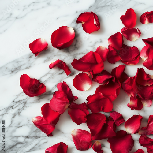 Elegant arrangement of scattered red rose petals on a polished white marble surface. Perfect for romantic, luxury, and floral compositions