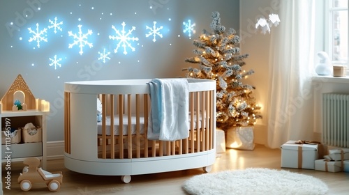 Christmas nursery decor concept. Cozy nursery decorated with snowflakes and a Christmas tree, creating a serene winter atmosphere.